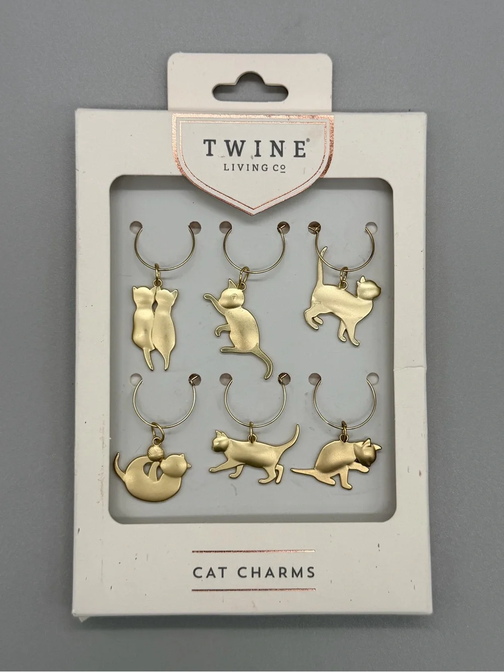 Twine Living Co Cat Wine Charms Set of 6 Gold Stemware Markers Barware Gift NIB